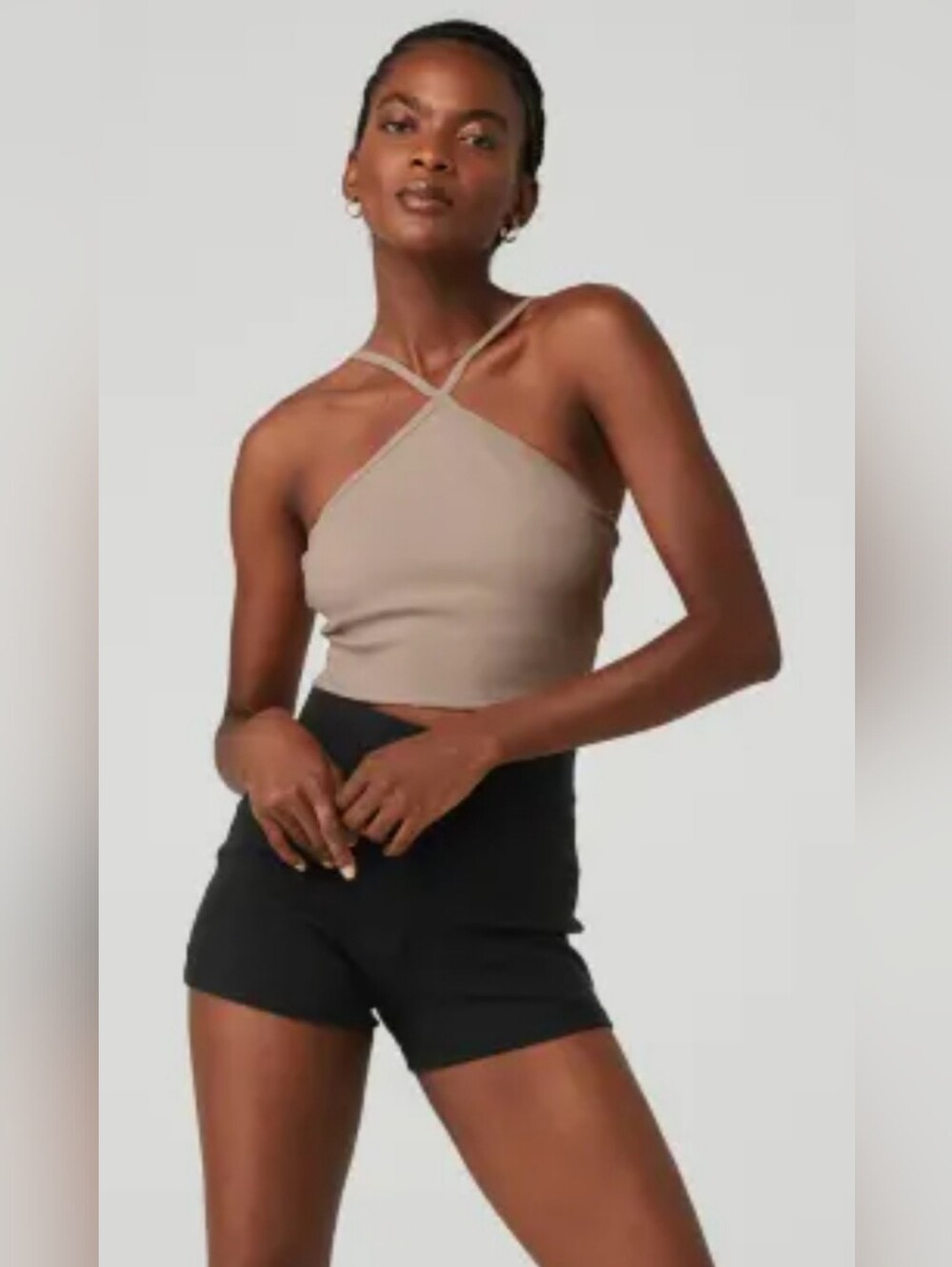 Alo Yoga Ribbed Brown Halter Cross-Back Crop Tank Top with Pads M Tan